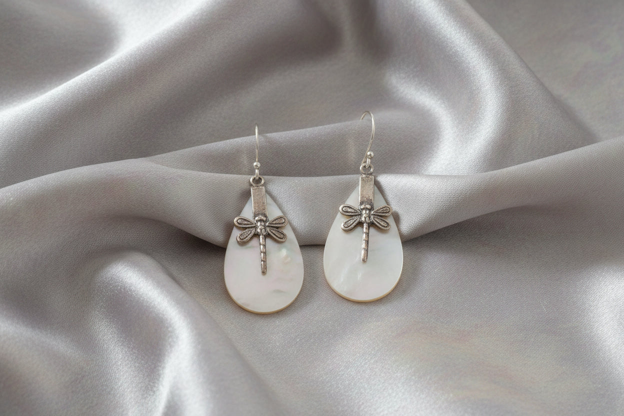 Mother of Pearl & Silver Earrings - Dragonflies