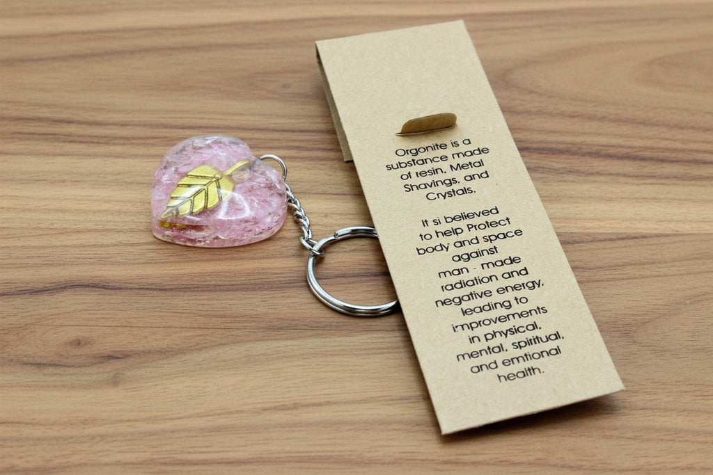 Orgonite Power Keyring - Rose Quartz Heearts Golden Leaf