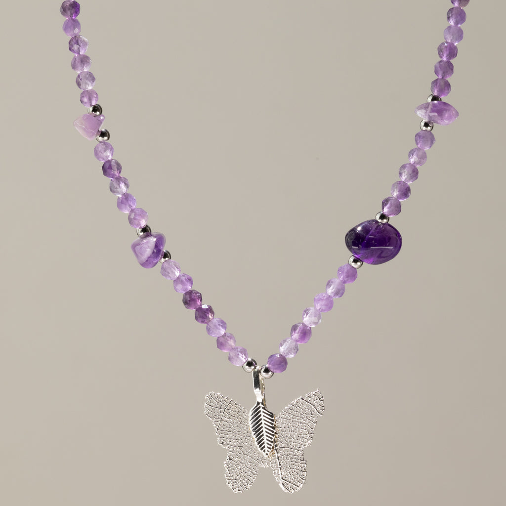 Real Leaf Butterfly Pendant -  Amethyst Necklace