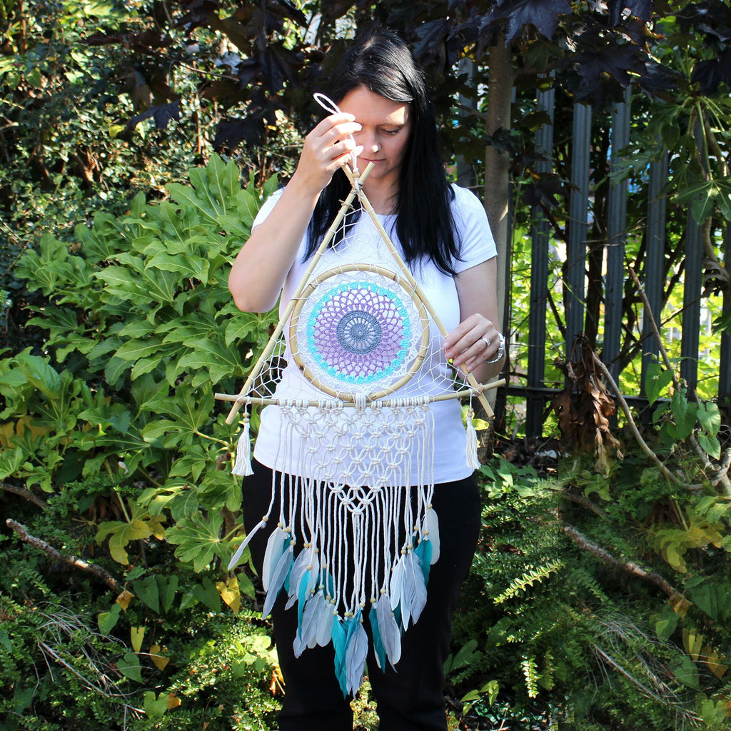 Protection Dream Catcher - Large Macrame Pyramid White/Turquoise