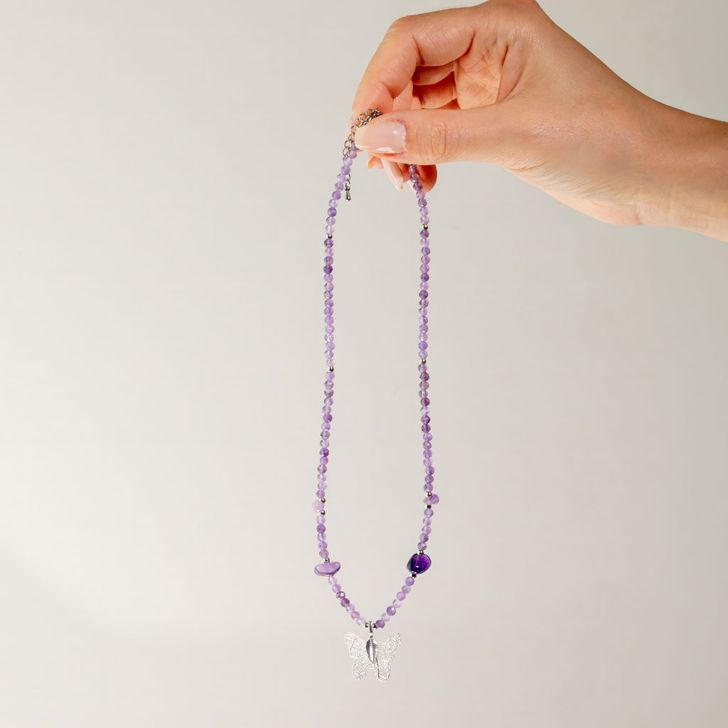 Real Leaf Butterfly Pendant -  Amethyst Necklace