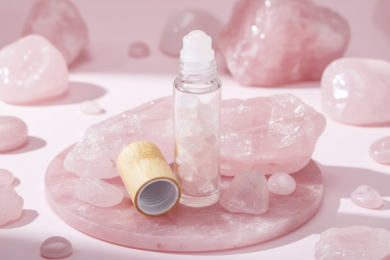 Gemstone Essential Oil Roller Bottle - Rose Quartz  - Wooden Cap