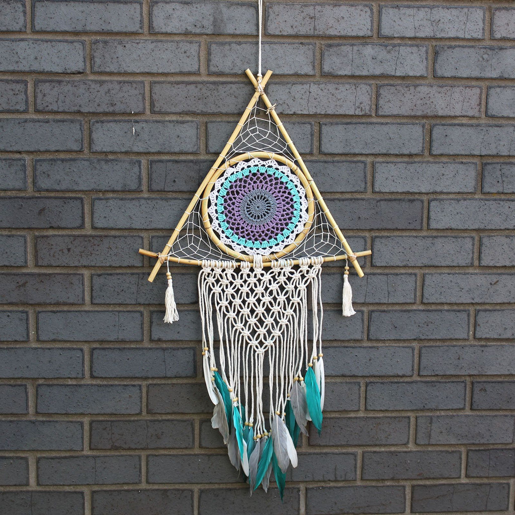 Protection Dream Catcher - Large Macrame Pyramid White/Turquoise