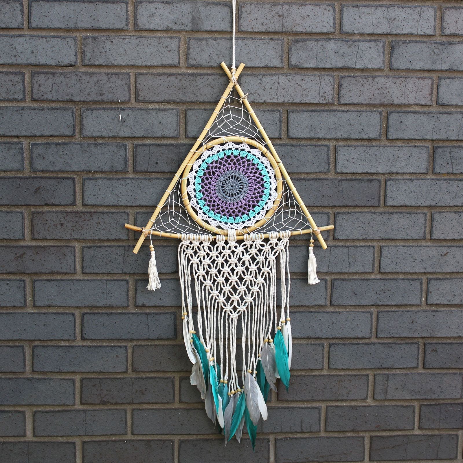 Protection Dream Catcher - Large Macrame Pyramid White/Turquoise