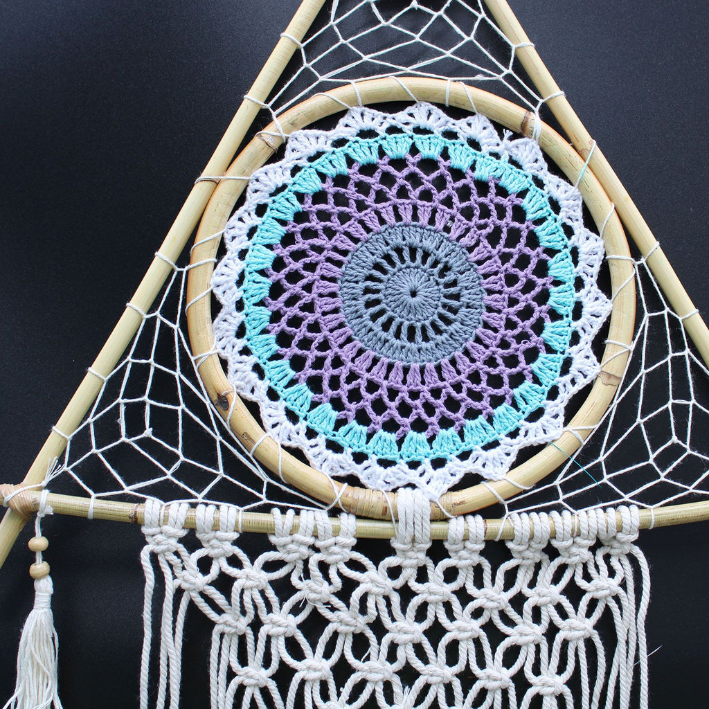 Protection Dream Catcher - Large Macrame Pyramid White/Turquoise