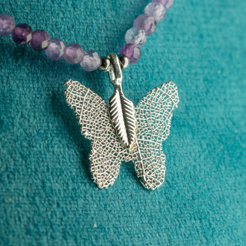 Real Leaf Butterfly Pendant -  Amethyst Necklace