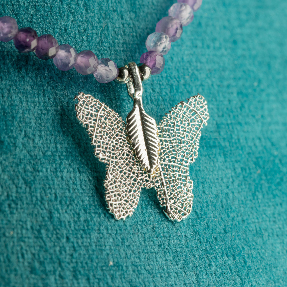 Real Leaf Butterfly Pendant -  Amethyst Necklace