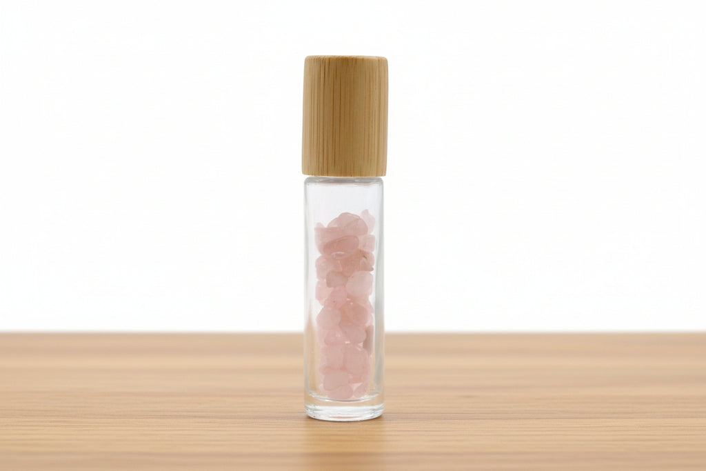 Gemstone Essential Oil Roller Bottle - Rose Quartz  - Wooden Cap