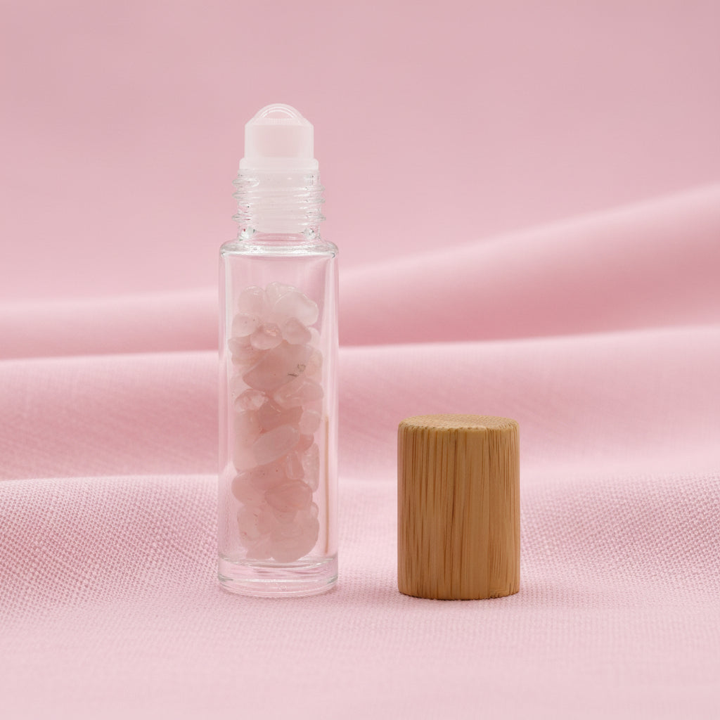 Gemstone Essential Oil Roller Bottle - Rose Quartz  - Wooden Cap
