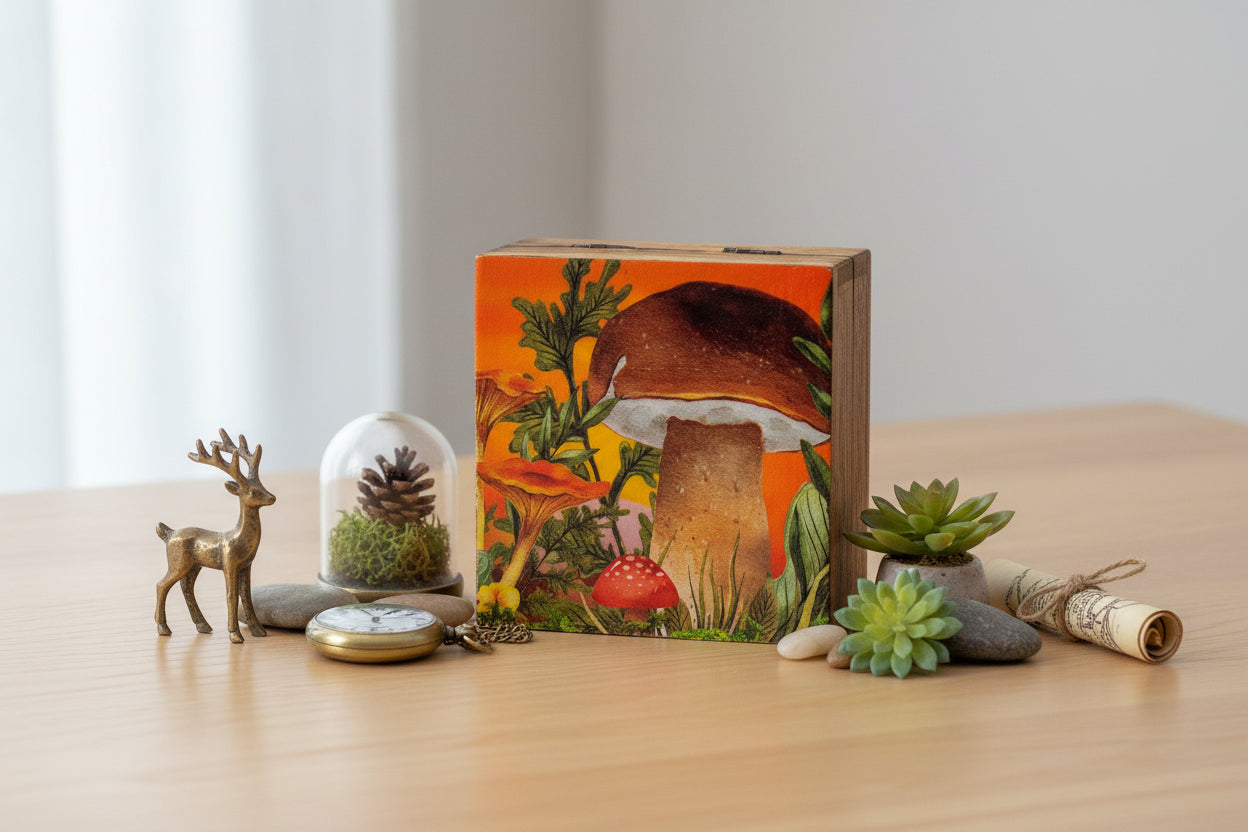 Small Enameled Square Box - Mushroom Design Maroon