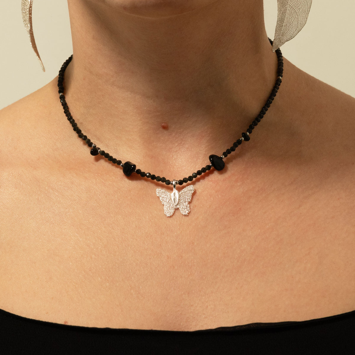 Real Leaf Butterfly Pendant - Black Obsidian Necklace