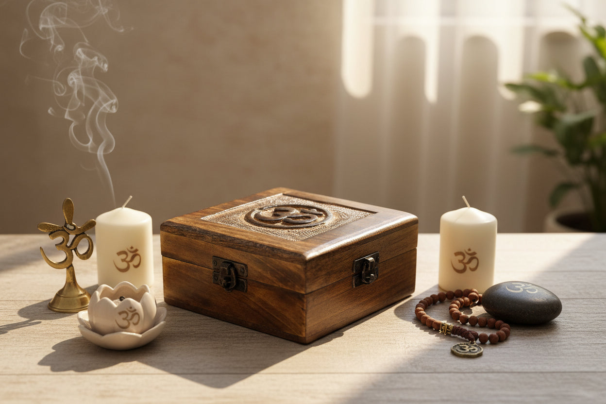 Square Wooden Keepsake Box - Om