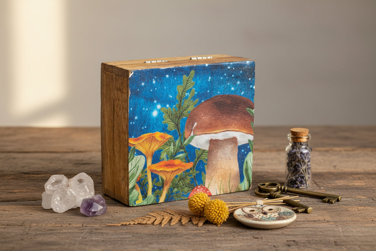 Small Enameled Square Box 10x10x4.2cm - Mushroom Design Teal