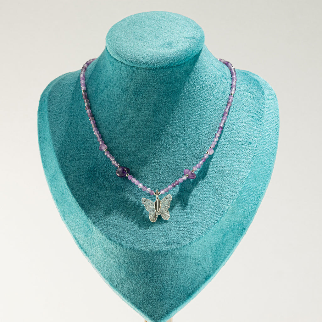 Real Leaf Butterfly Pendant -  Amethyst Necklace