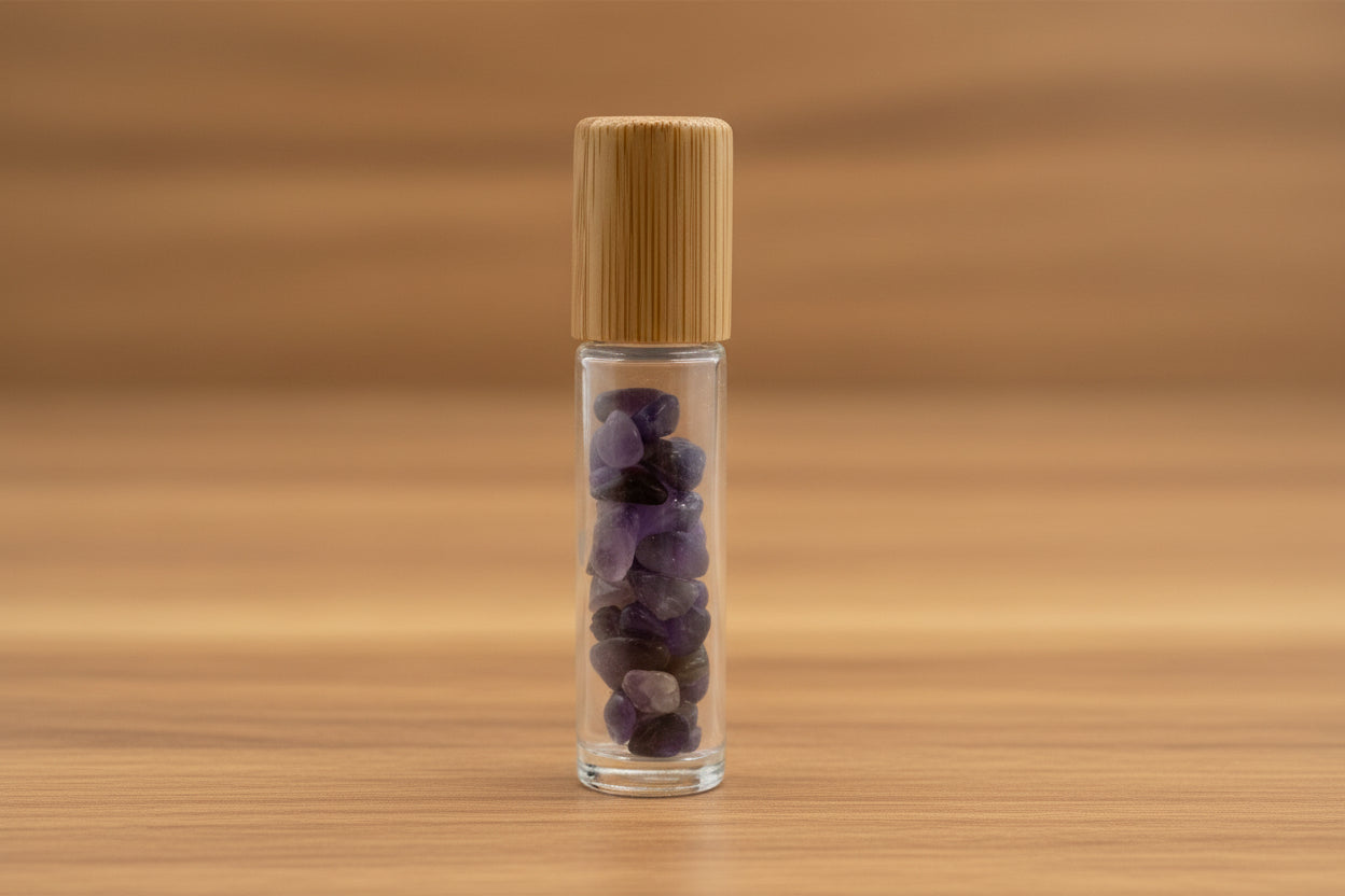 Gemstone Essential Oil Roller Bottle - Amethyst  - Wooden Cap