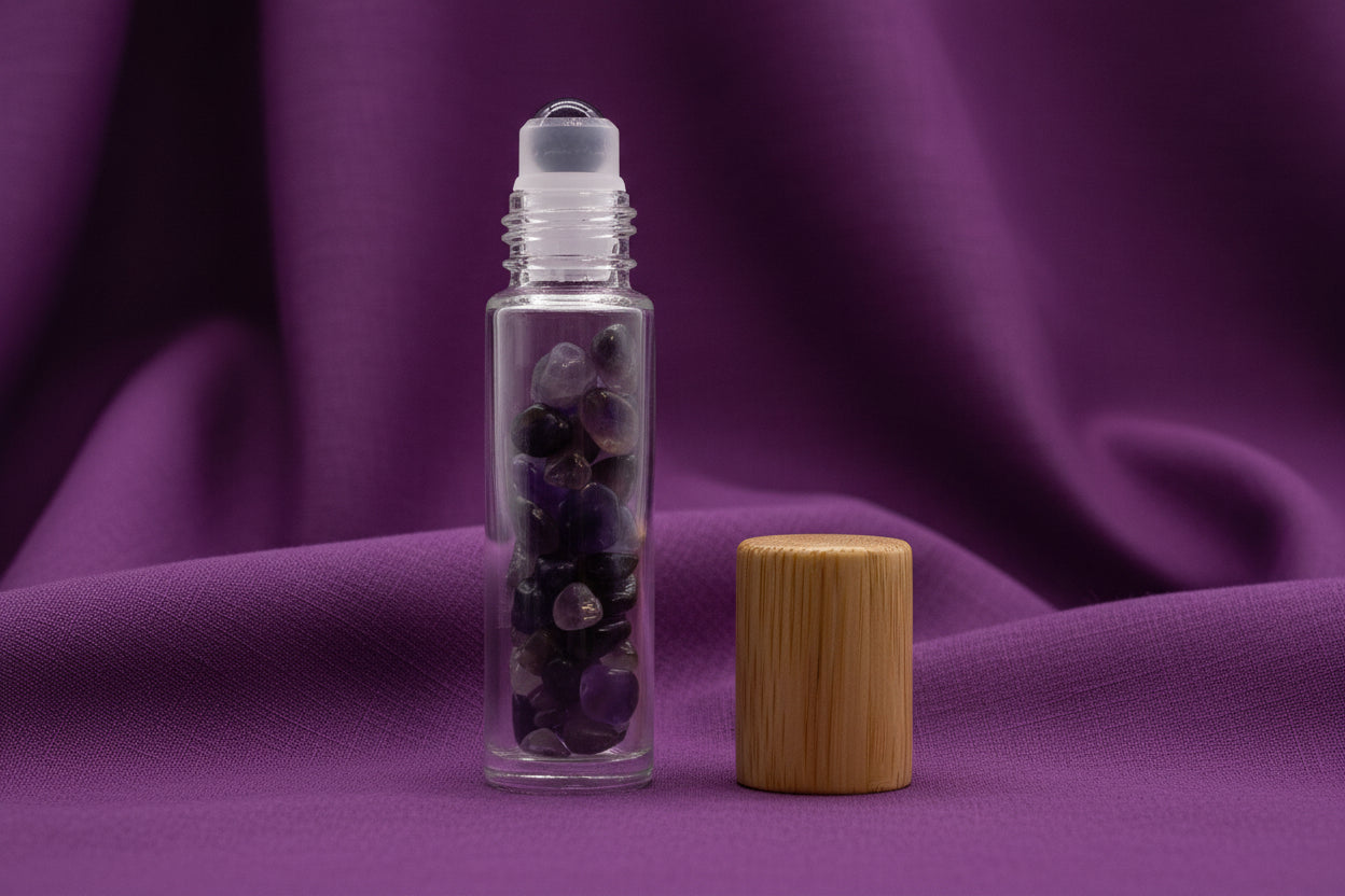 Gemstone Essential Oil Roller Bottle - Amethyst  - Wooden Cap