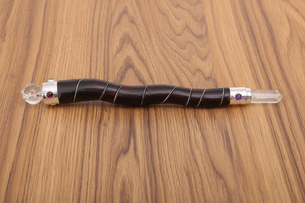 Natural Curved Wood and Clear Quartz Wand