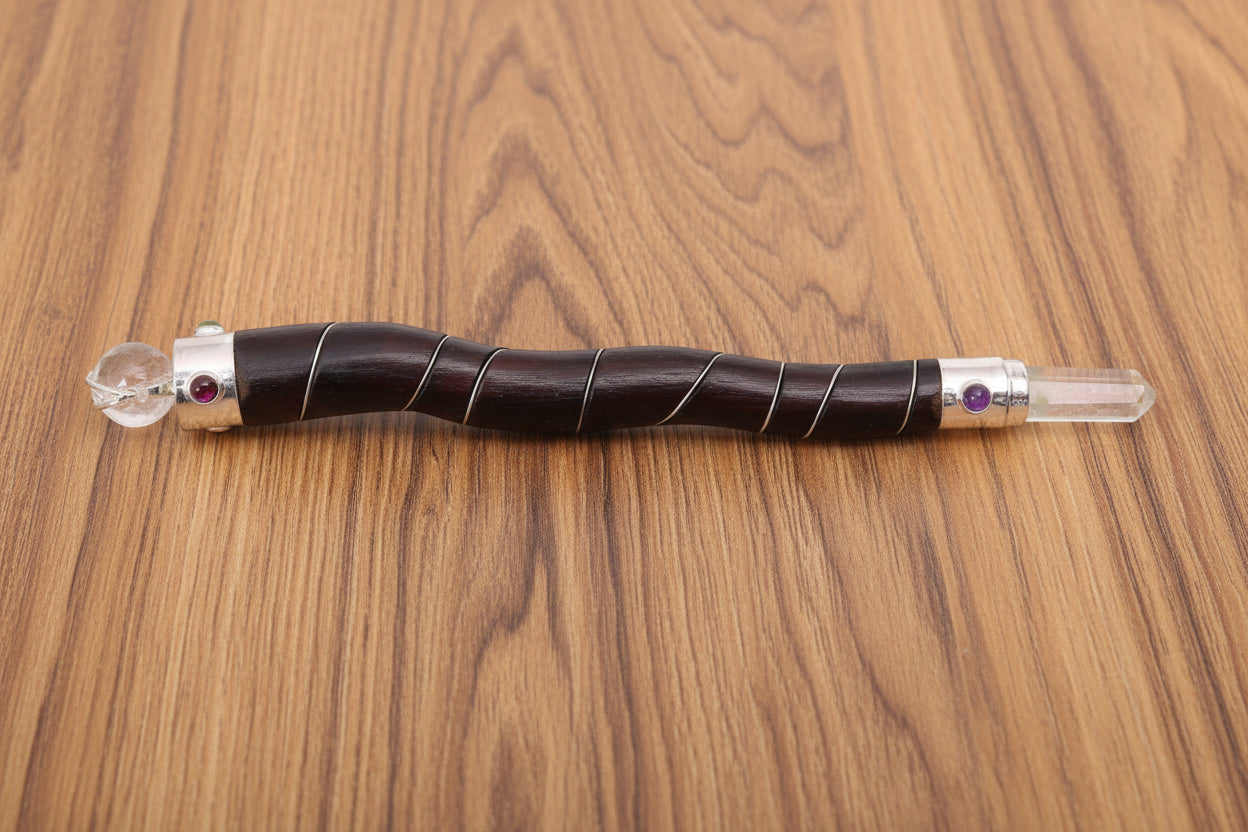 Natural Curved Wood and Clear Quartz Wand