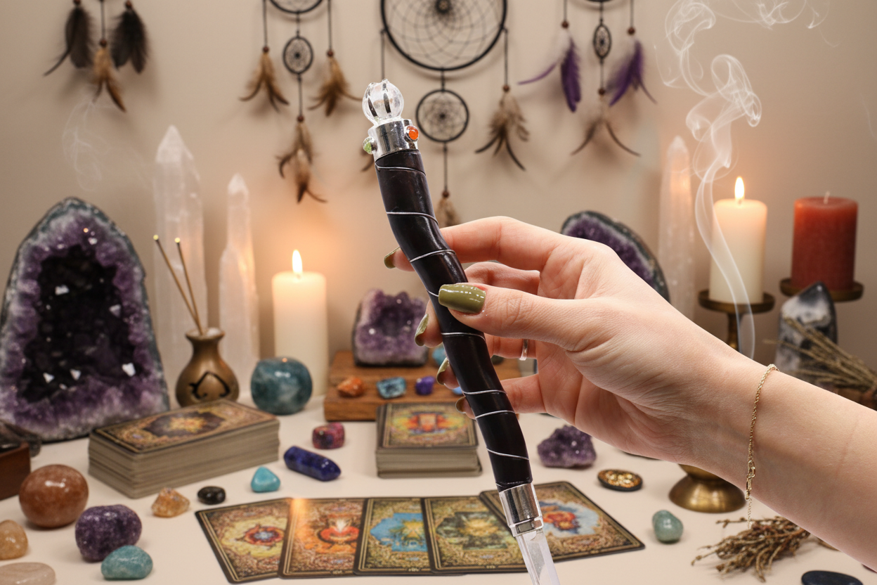 Natural Curved Wood and Clear Quartz Wand