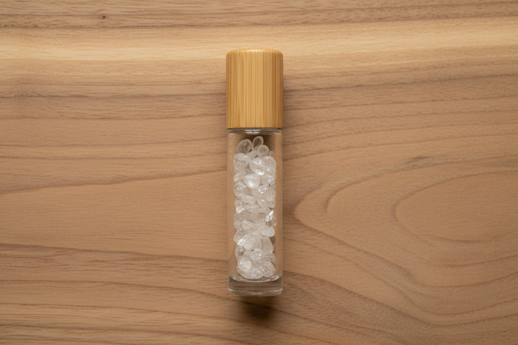 Gemstone Essential Oil Roller Bottle - Clear Quartz  - Wooden Cap