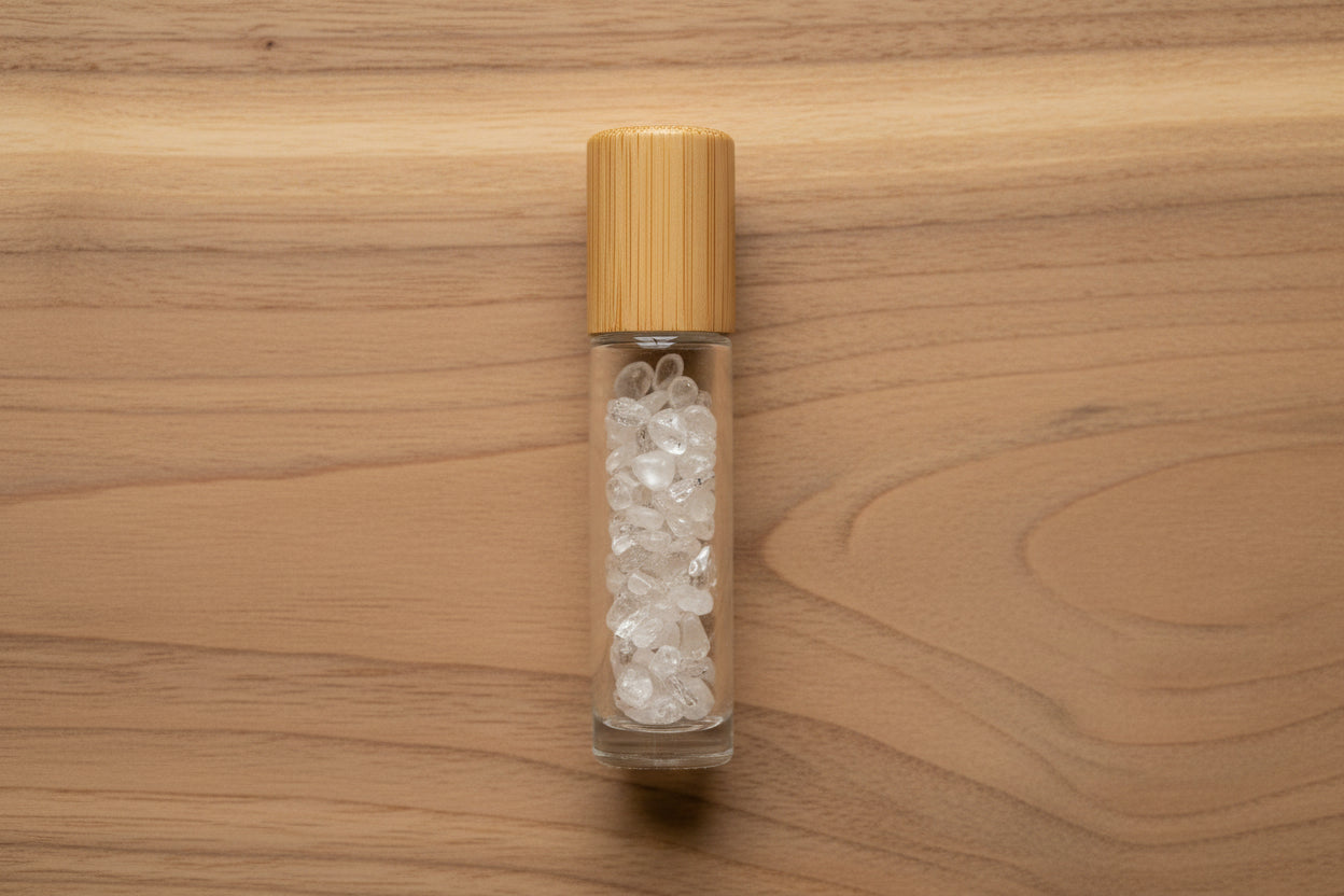 Gemstone Essential Oil Roller Bottle - Clear Quartz  - Wooden Cap