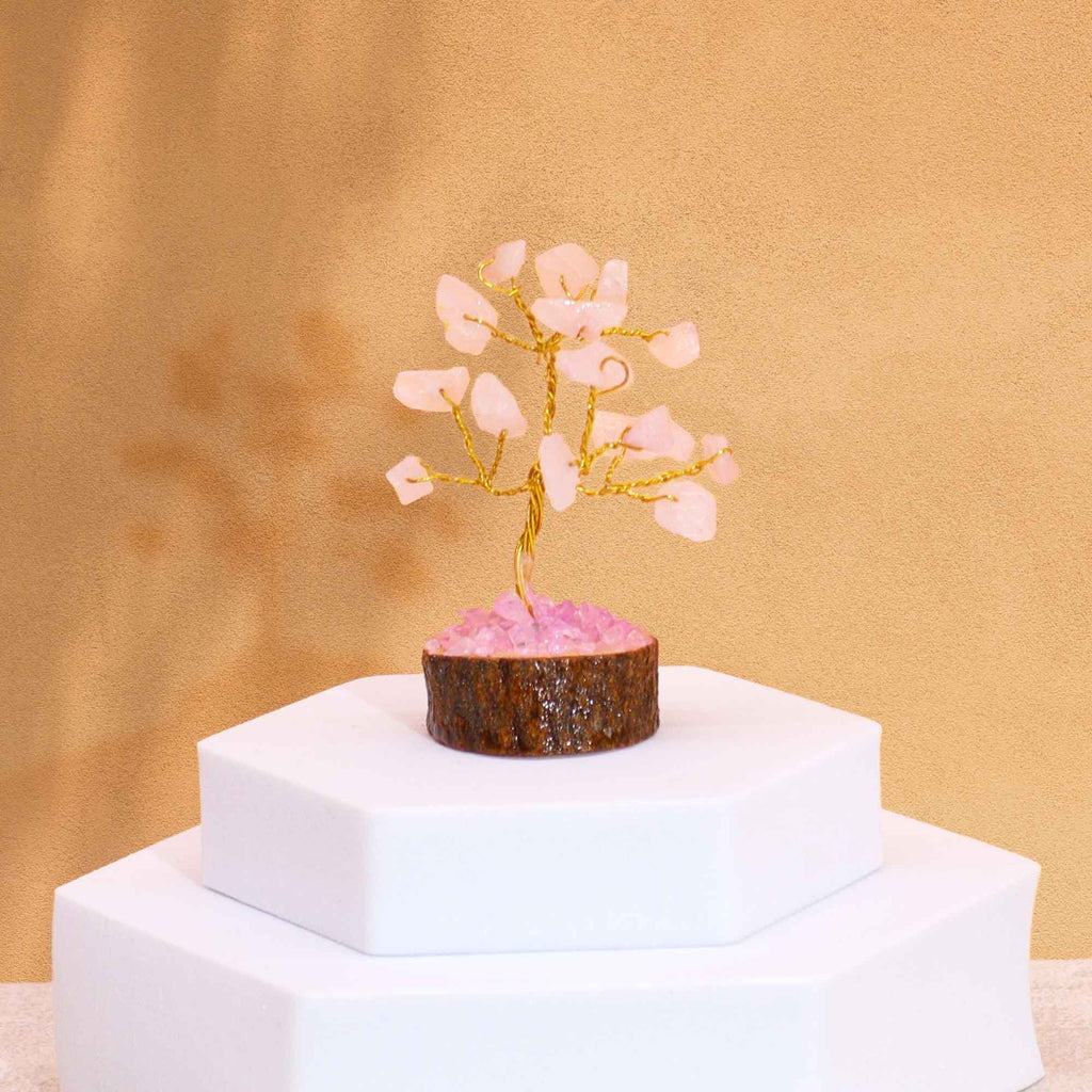 Mini Gemstone Tree On Wood Base - Rose Quartz (15 stones)
